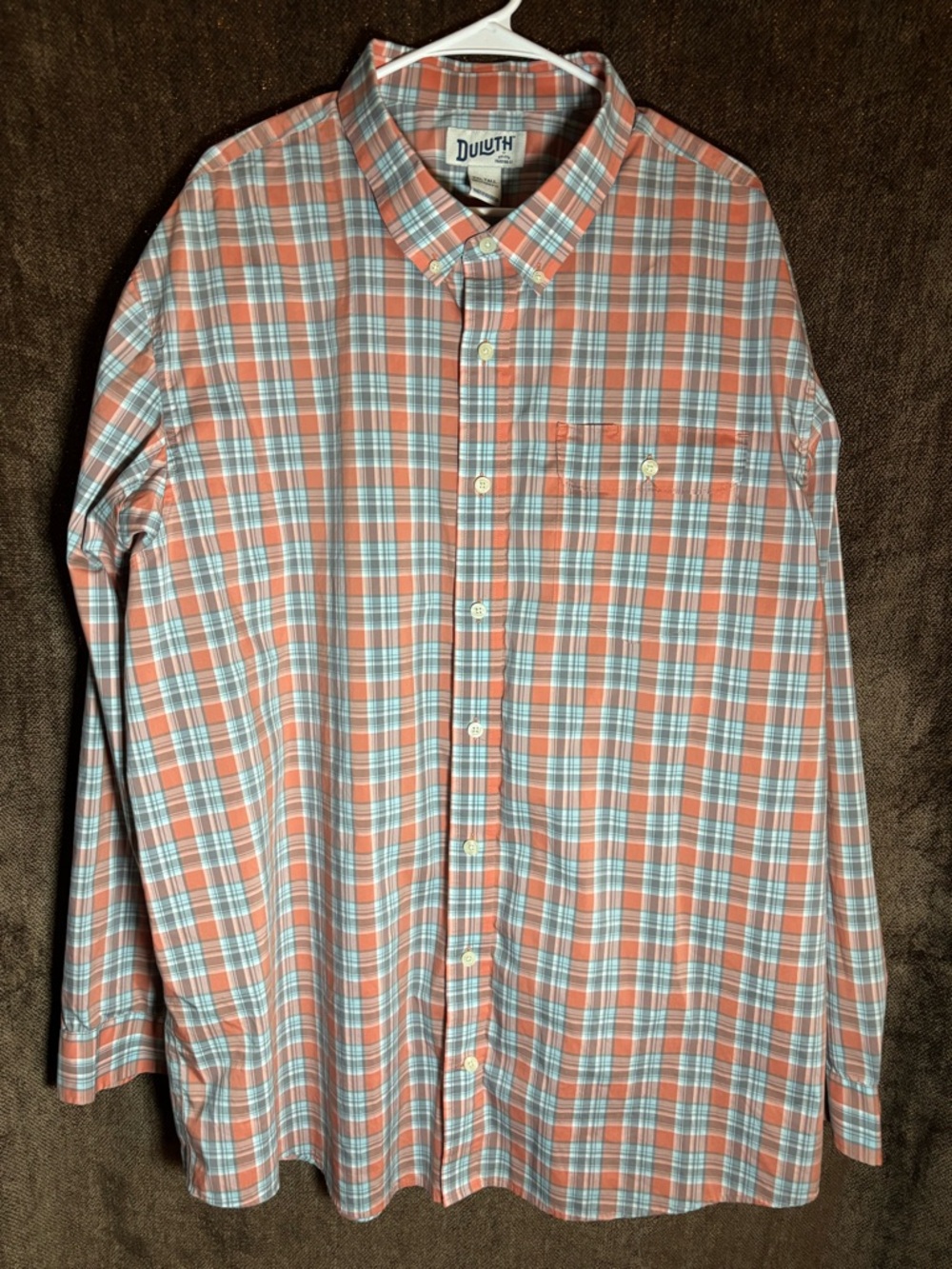 Duluth Trading Co Orange and Light Blue Plaid Shirt